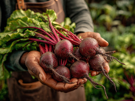 Male farmer displays freshly harvested beetroots with green leaves in hands, surrounded by a thriving garden, emphasizing organic farming and healthy livingの素材