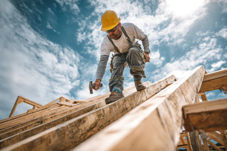 Male construction worker in safety gear is climbing wooden structure, using hammer to secure beams, demonstrating skill and focus in outdoor construction environmentの素材