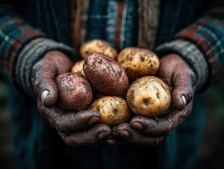 Individual's hands cradle freshly harvested potatoes, displaying rich earthy tones and textures, set against a blurred natural background, emphasizing agricultural practices and connection to natureの素材