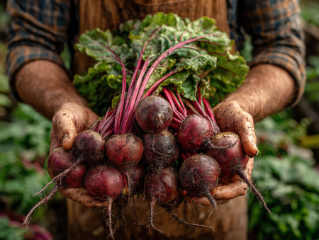 Farmer displays freshly harvested beets with green leaves, hands dirty from work, surrounded by a thriving garden, emphasizing connection to nature and agricultureの素材