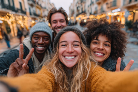 Diverse group of friends enjoying a selfie outdoors, dressed in warm winter attire, with festive lights and a vibrant urban backdrop, celebrating friendship and happinessの素材