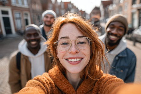 Smiling young woman with red hair and glasses takes a selfie with friends outdoors, capturing a moment of happiness and camaraderie in a lively urban environmentの素材