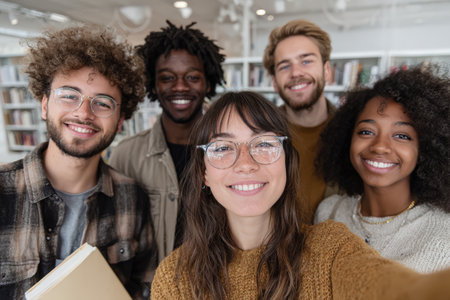 Diverse group of young adults is smiling together in a bright library, highlighting friendship and collaboration in a modern educational atmosphereの素材