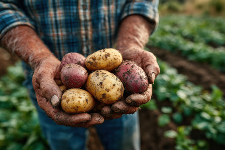 Farmer's hands display freshly harvested potatoes, highlighting earthy textures and colors, set against a backdrop of thriving green potato plants in a sunlit fieldの素材