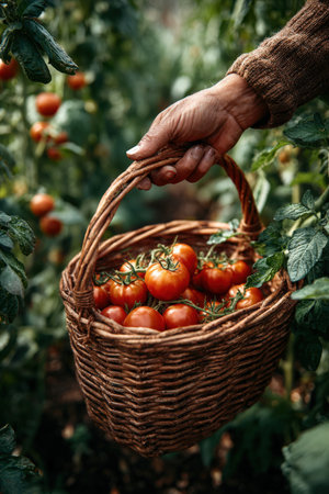 Individual holds a basket brimming with fresh tomatoes, surrounded by flourishing green plants in a garden, highlighting the joy of harvesting and nature's bountyの素材