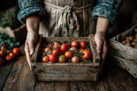 Dark-skinned woman presents a wooden crate brimming with vibrant tomatoes in a cozy kitchen, emphasizing the connection between nature and culinary delightの素材