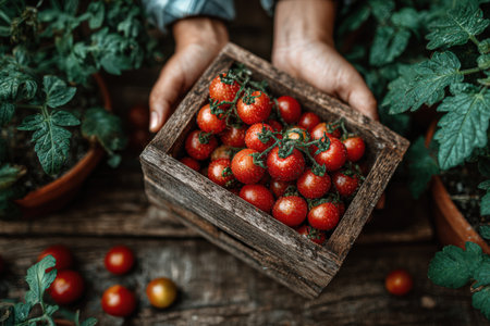 Hands present a wooden box brimming with fresh red tomatoes, surrounded by vibrant green plants in pots, illustrating the joy of gardening and harvestの素材