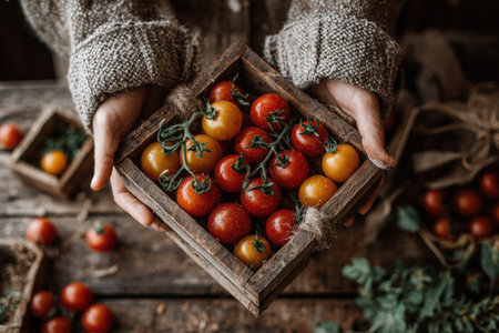 Hands present a wooden box brimming with ripe tomatoes, both red and yellow, on a rustic wooden table, emphasizing freshness and organic appealの素材