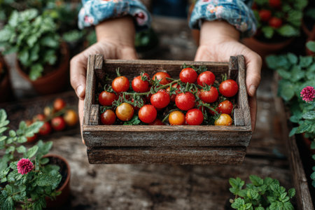 Hands present a wooden crate brimming with cherry tomatoes, surrounded by greenery and colorful flowers, highlighting the joy of gardening and fresh harvestの素材