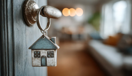 House-shaped keychain hangs from door lock, creating an inviting atmosphere in blurred interior, symbolizing warmth and comfort of home ownershipの素材