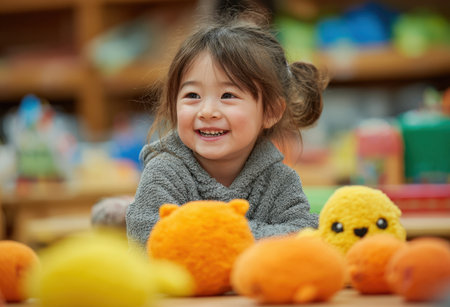 Child with dark hair, wearing gray sweater, is happily engaged with vibrant plush toys in a lively classroom, reflecting joy and playful spiritの素材