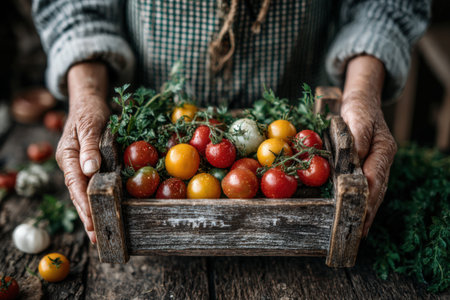 Hands present a wooden crate brimming with colorful cherry tomatoes and fresh herbs, set on a rustic wooden table, highlighting natural textures and freshnessの素材