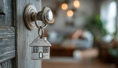 Key with house-shaped charm hangs from door knob, representing home ownership, with a warm and inviting living space visible in the backgroundの素材