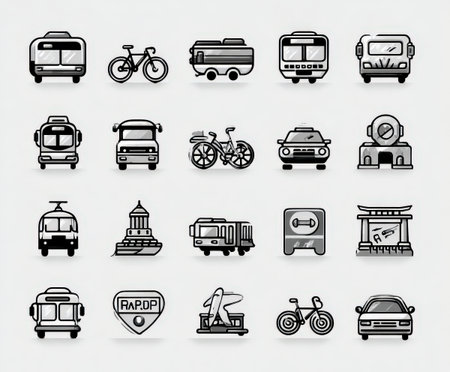 A diverse array of transportation icons featuring buses, bicycles, cars, and notable landmarks, illustrated in a clean minimalist style, representing urban travelの素材