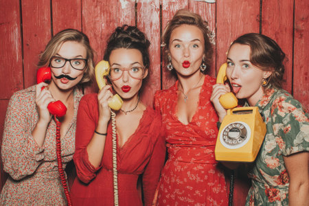 Four women in vintage attire are playfully posing with colorful retro telephones, creating a joyful scene filled with laughter and nostalgiaの素材