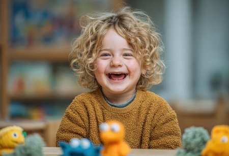 Happy child with curly hair, dressed in a warm sweater, smiles brightly among vibrant plush toys, showcasing the joy of childhood and playful momentsの素材