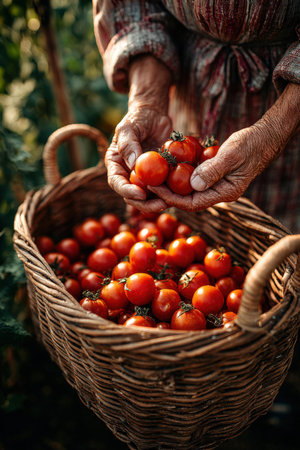 Senior woman gathers freshly picked tomatoes in a wicker basket, highlighting the vibrant colors and textures of the produce in a natural garden settingの素材
