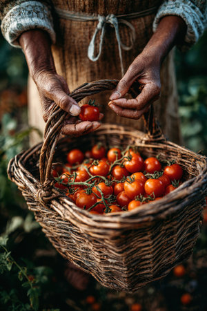 Farmer's hands gently cradle ripe tomatoes in a rustic basket, set against vibrant greenery, emphasizing the essence of agricultural life and fresh produceの素材
