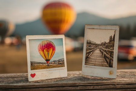 Vibrant hot air balloon ascends in the sky, while vintage photographs rest on a wooden surface, evoking feelings of adventure and cherished memoriesの素材