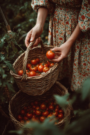 Female gardener is collecting fresh tomatoes from baskets in a vibrant garden, surrounded by greenery and natural light, highlighting the joy of harvestingの素材
