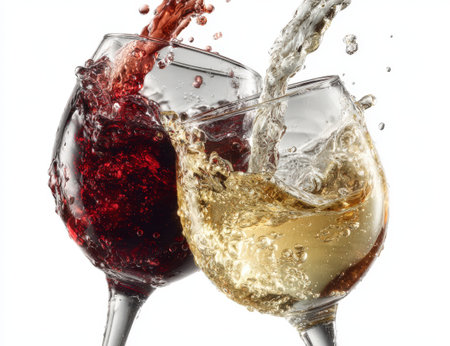 Two glasses of red and white wine are splashing together in a lively manner, creating an energetic scene that highlights the joy of celebration and refreshmentの素材