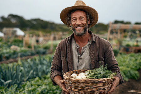 Happy male farmer in straw hat carries basket of freshly harvested vegetables in a thriving garden, highlighting the beauty of agriculture and sustainable livingの素材
