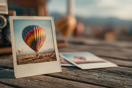 Vibrant hot air balloon ascends over picturesque scenery, featured in a vintage photo, alongside other images and a camera on a weathered wooden tableの素材