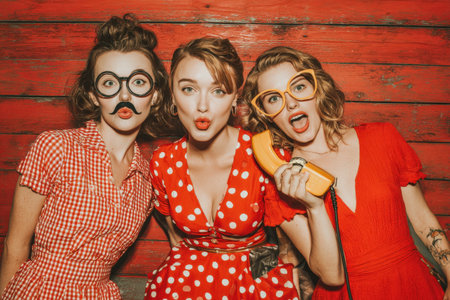 Group of three women dressed in vintage clothing, posing playfully against a rustic wooden wall, capturing a joyful and vibrant moment of friendship and styleの素材