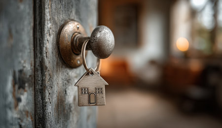 Close-up of an antique door knob with a house keychain, creating a warm and inviting ambiance in a softly lit interior spaceの素材