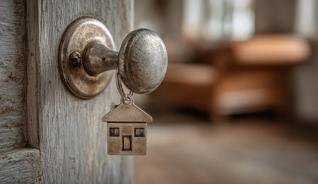 Close-up of a vintage door knob featuring a house-shaped keychain, representing the concept of home and security, with a cozy interior softly blurred in the backgroundの素材