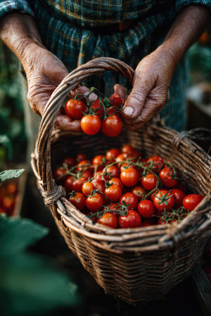 Gardener's hands are gently holding ripe cherry tomatoes, with a basket full of fresh produce in a lush garden, emphasizing the beauty of nature and harvestの素材