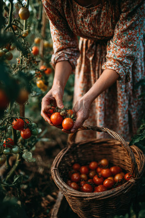Female gardener is picking ripe tomatoes in a vibrant garden, wearing a floral dress, with a basket full of fresh produce, highlighting the joy of gardeningの素材