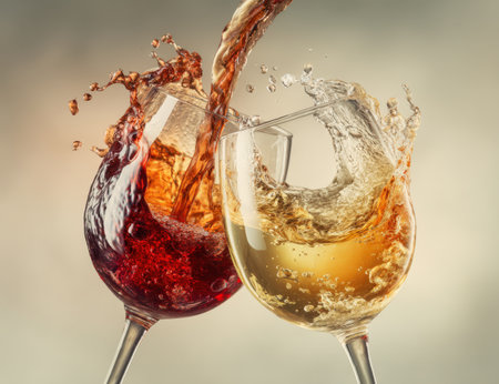 Elegant wine glasses filled with red and white wine are clinking together, showcasing the joy of celebration and togetherness in a beautifully lit atmosphereの素材