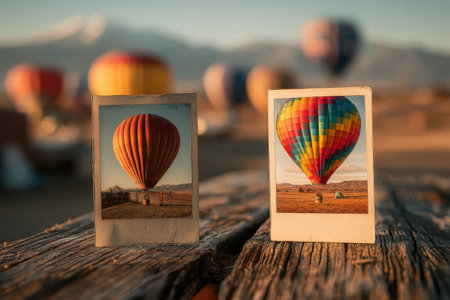 Vintage photographs display colorful hot air balloons with unique patterns, set against a beautiful landscape, creating a sense of nostalgia and adventure in the airの素材