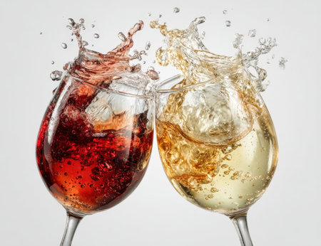 Two glasses of wine, one red and one white, are clinking together, creating dynamic splashes and bubbles, capturing a moment of celebration and happinessの素材