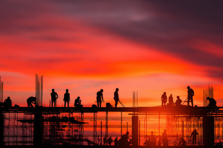 Silhouetted construction workers are actively engaged in various tasks on a building site, set against a stunning sunset backdrop, highlighting teamwork and effortの素材