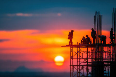 Silhouetted construction workers are engaged in teamwork on a building site at sunset, highlighting their commitment and the beauty of the working environmentの素材