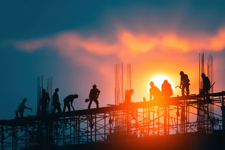 Construction workers are silhouetted on scaffolding during sunset, highlighting their teamwork and commitment in a vibrant and dynamic building atmosphereの素材