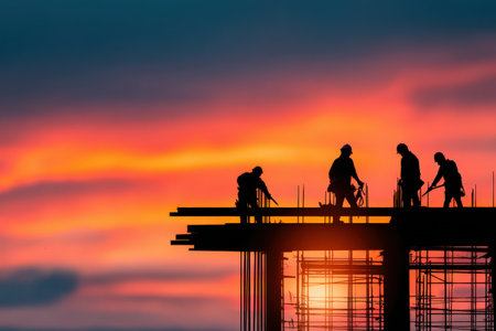 Construction workers silhouetted against a stunning sunset, demonstrating collaboration and hard work, with the sky painted in vibrant hues and a sense of urgency in the sceneの素材