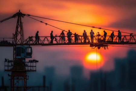 Silhouetted construction workers on a crane at sunset, demonstrating teamwork and dedication in an urban setting with dramatic colors and a captivating atmosphereの素材