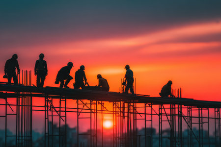 Silhouetted construction workers are actively engaged in building tasks on scaffolding, with a stunning sunset backdrop creating a dramatic atmosphere and highlighting their effortsの素材