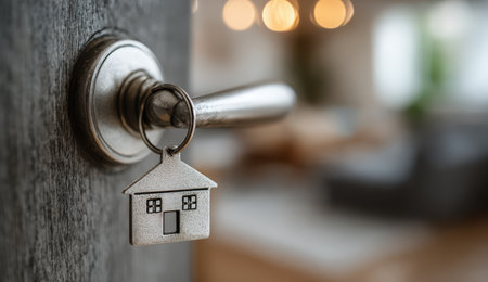 Key featuring house-shaped keychain hangs from door handle, representing home ownership and new beginnings, with softly blurred interior creating inviting ambianceの素材