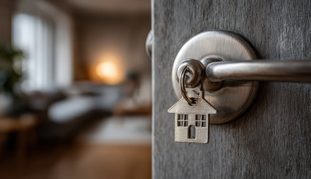 House-shaped key charm hangs from door handle, inviting view into warm interior space with soft lighting and blurred furniture, representing comfort and safetyの素材