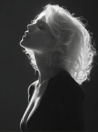 Woman with wavy blonde hair poses in profile, illuminated by soft light against a dark backdrop, creating a striking contrast and highlighting her graceful featuresの素材
