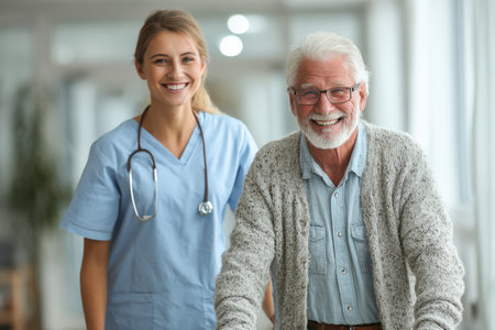 Female healthcare worker is helping elderly man with walker in a well-lit, contemporary healthcare setting, emphasizing care, support, and positive interactionの素材