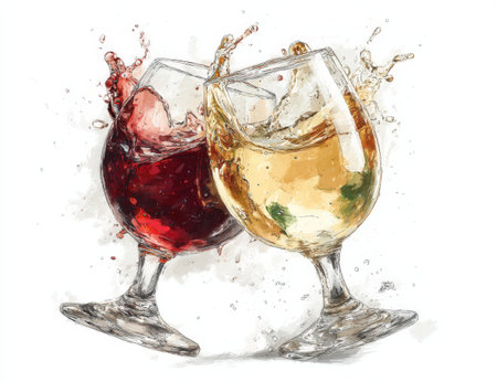 Two wine glasses filled with red and white wine are clinking together, creating splashes, representing celebration and joy in a vibrant, festive settingの素材