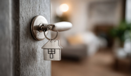 House-shaped keychain is attached to a key in a door lock, representing home ownership and new beginnings, with a soft-focus interior creating a warm atmosphereの素材