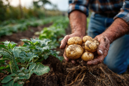 Farmer's hands display freshly harvested potatoes, surrounded by rich soil and green plants, highlighting the connection between nature and agricultureの素材
