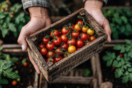 Hands are presenting a wooden crate overflowing with colorful cherry tomatoes amidst rich green plants in a garden, highlighting the beauty of fresh harvestの素材