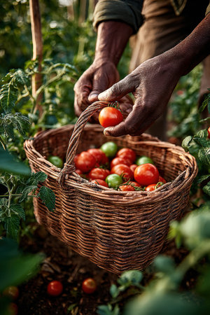 Individual is gathering ripe tomatoes in a vibrant garden, with a basket full of fresh produce, highlighting the connection between nature and sustainable farming practicesの素材